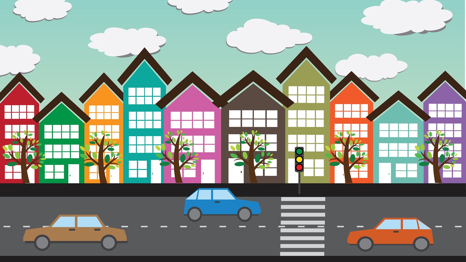 Grafisk fremstilling af huse, biler og vej