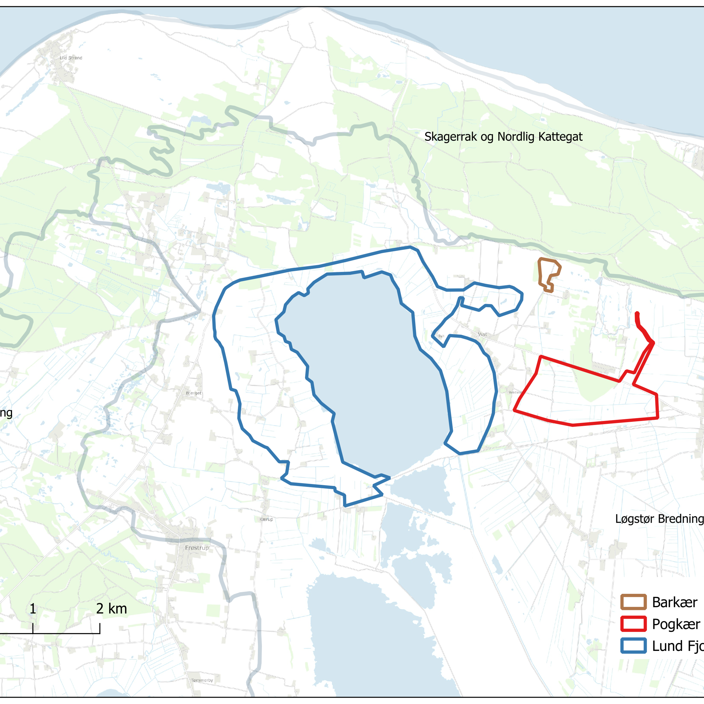 Lund Fjord 631 ha (samarbejde mellem Thisted og Jammerbugt Kommune) (BLÅT) • Pogkær 146 ha (RØDT) • Barkær 9 ha (BRUNT)