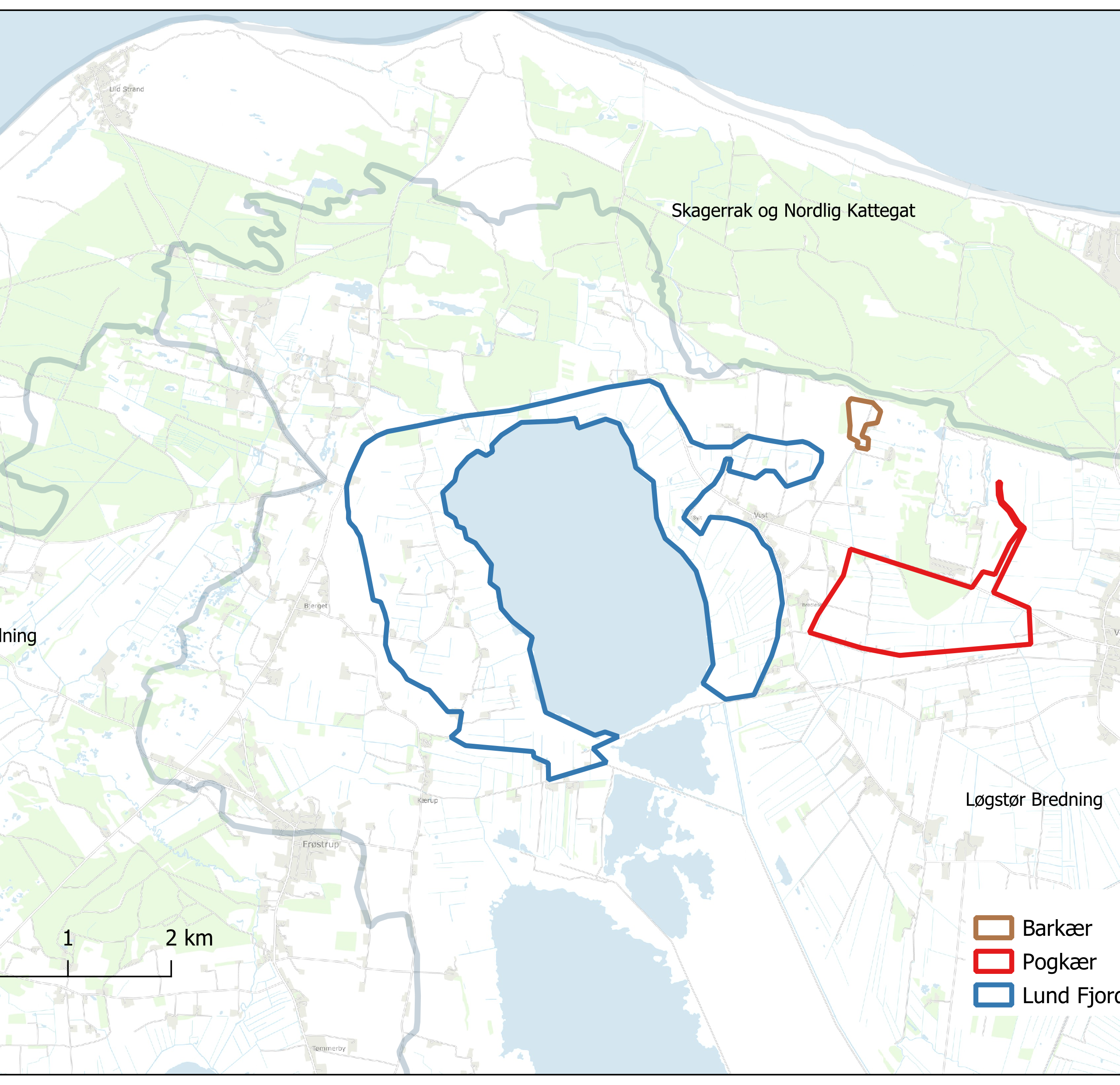 Lund Fjord 631 ha (samarbejde mellem Thisted og Jammerbugt Kommune) (BLÅT) • Pogkær 146 ha (RØDT) • Barkær 9 ha (BRUNT)