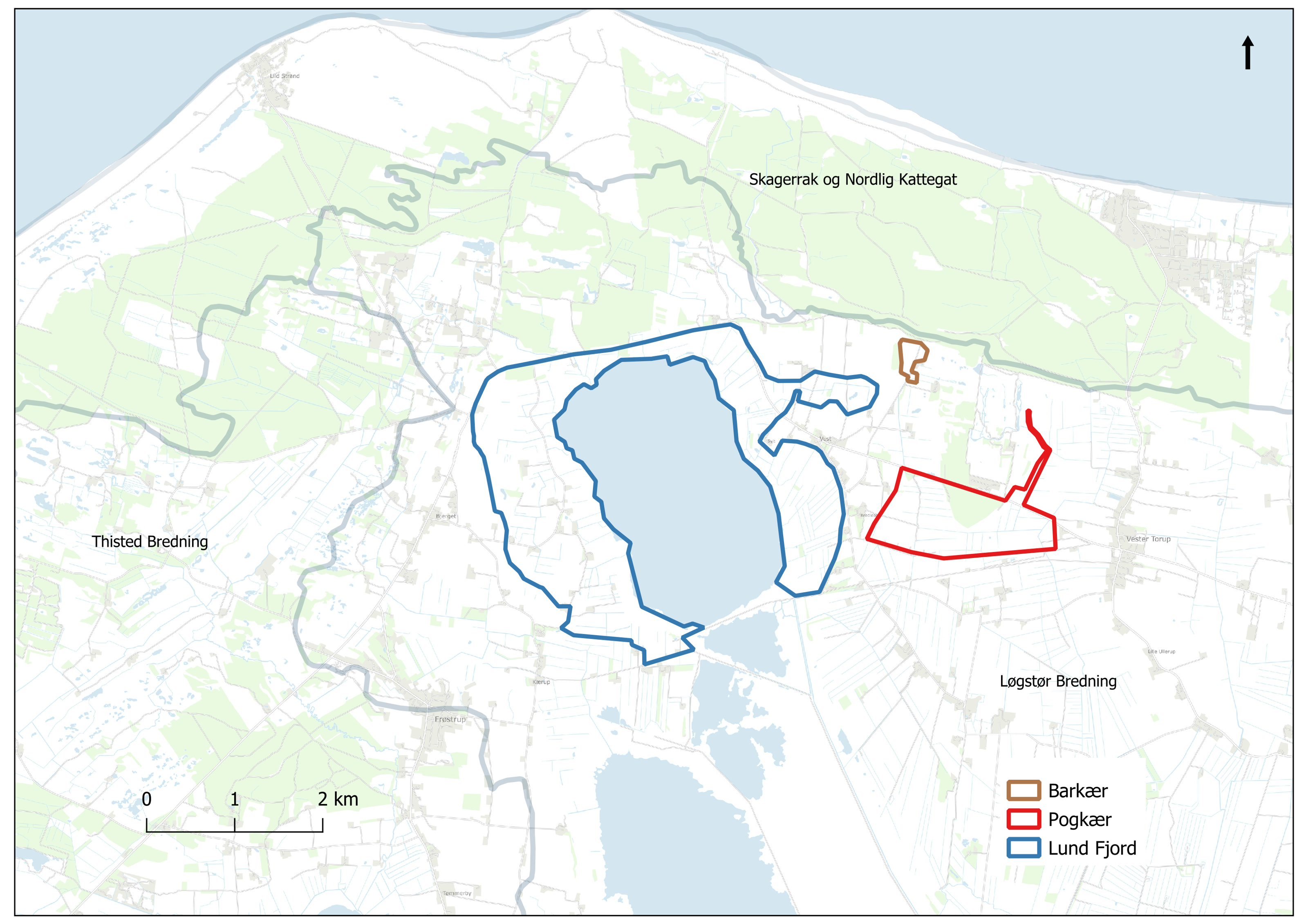 Lund Fjord 631 ha (samarbejde mellem Thisted og Jammerbugt Kommune) (BLÅT) • Pogkær 146 ha (RØDT) • Barkær 9 ha (BRUNT)