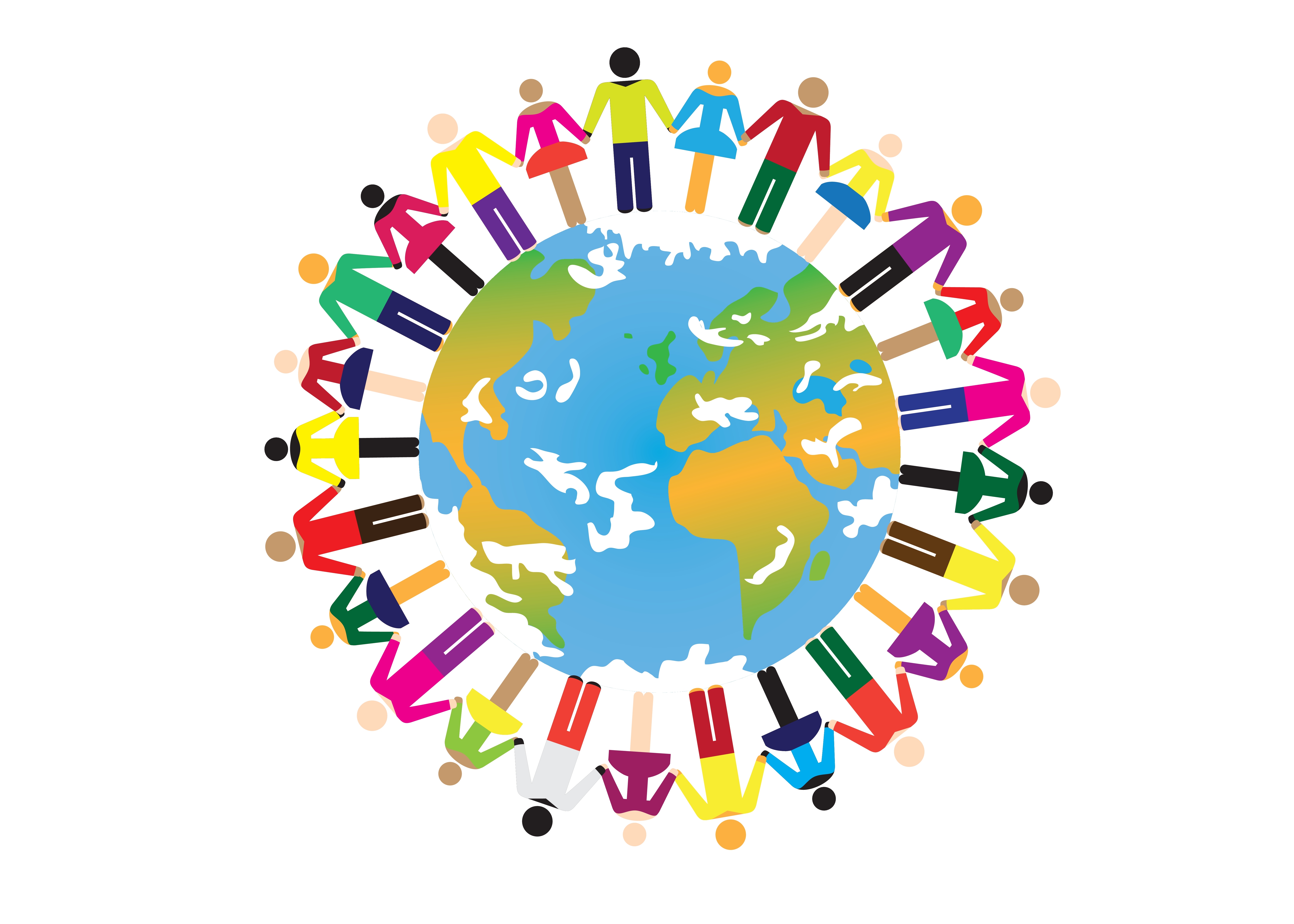 Personer rundt om jordklode holder i hånd grafik