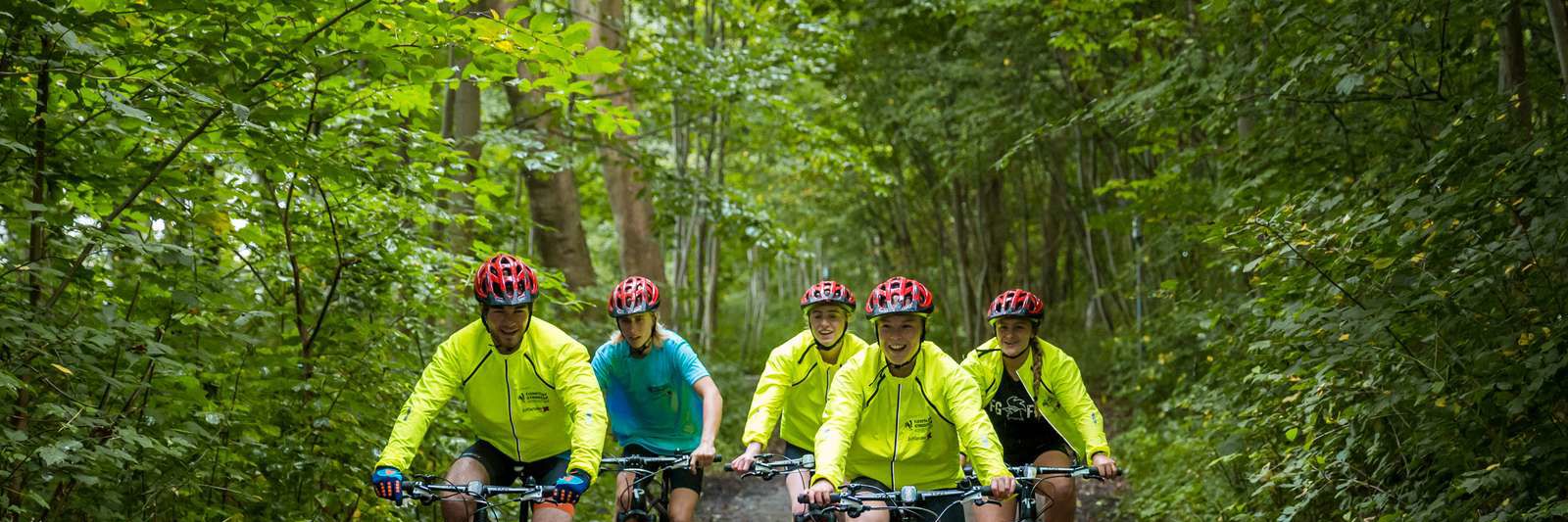 flok på mountainbikes i skov