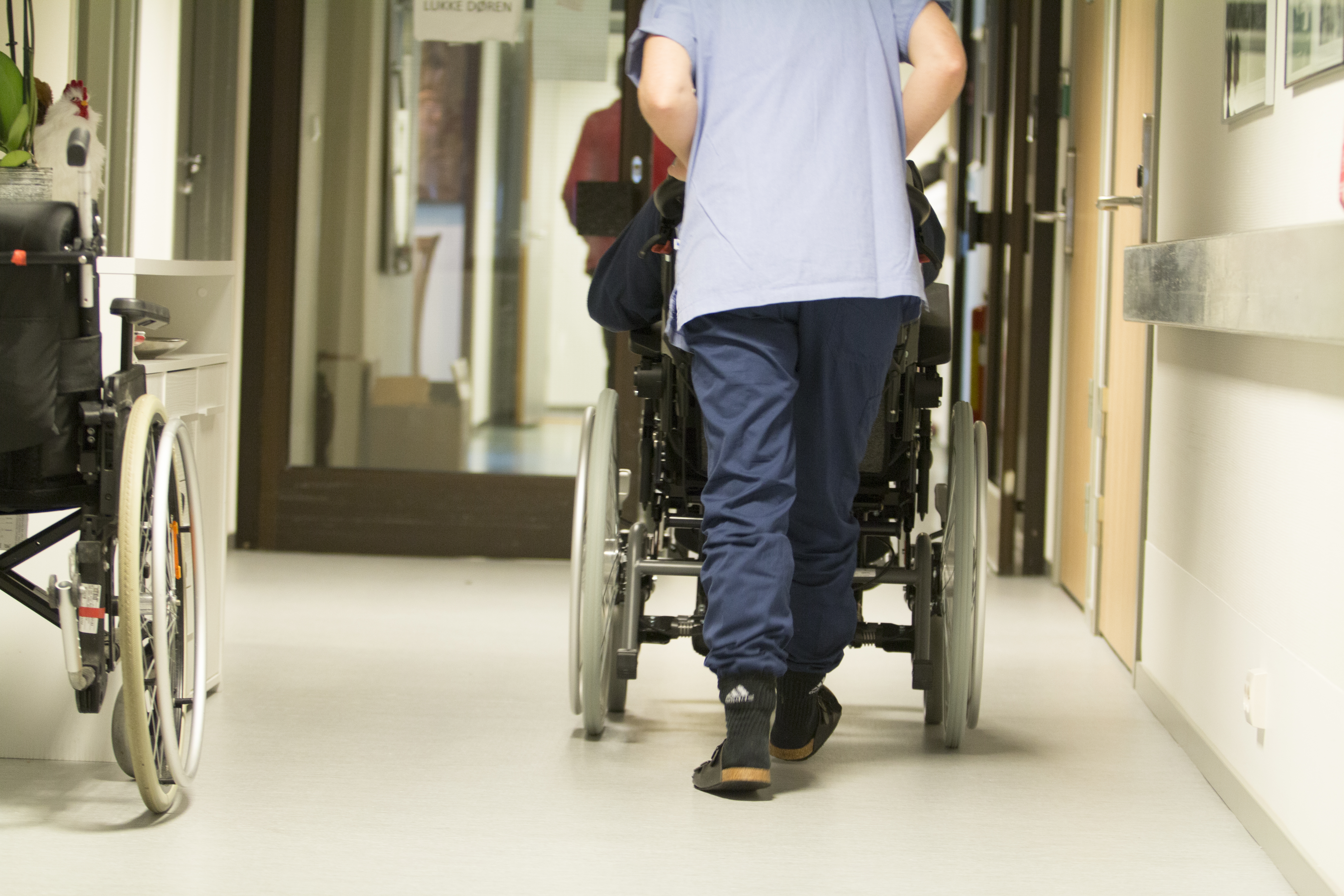 Foto af plejer med borger i kørestol. Bagfra.