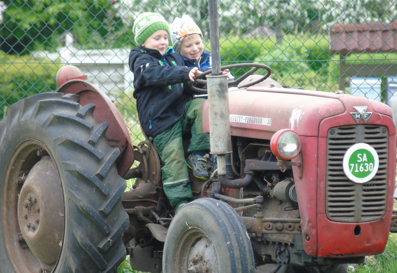 Børn leger på gammel traktor