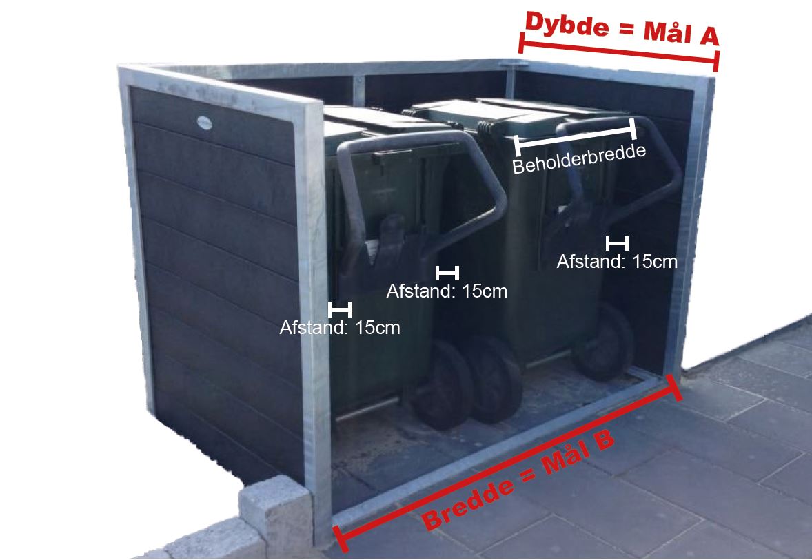 Beholderskjul med eksempel på dimensioner
