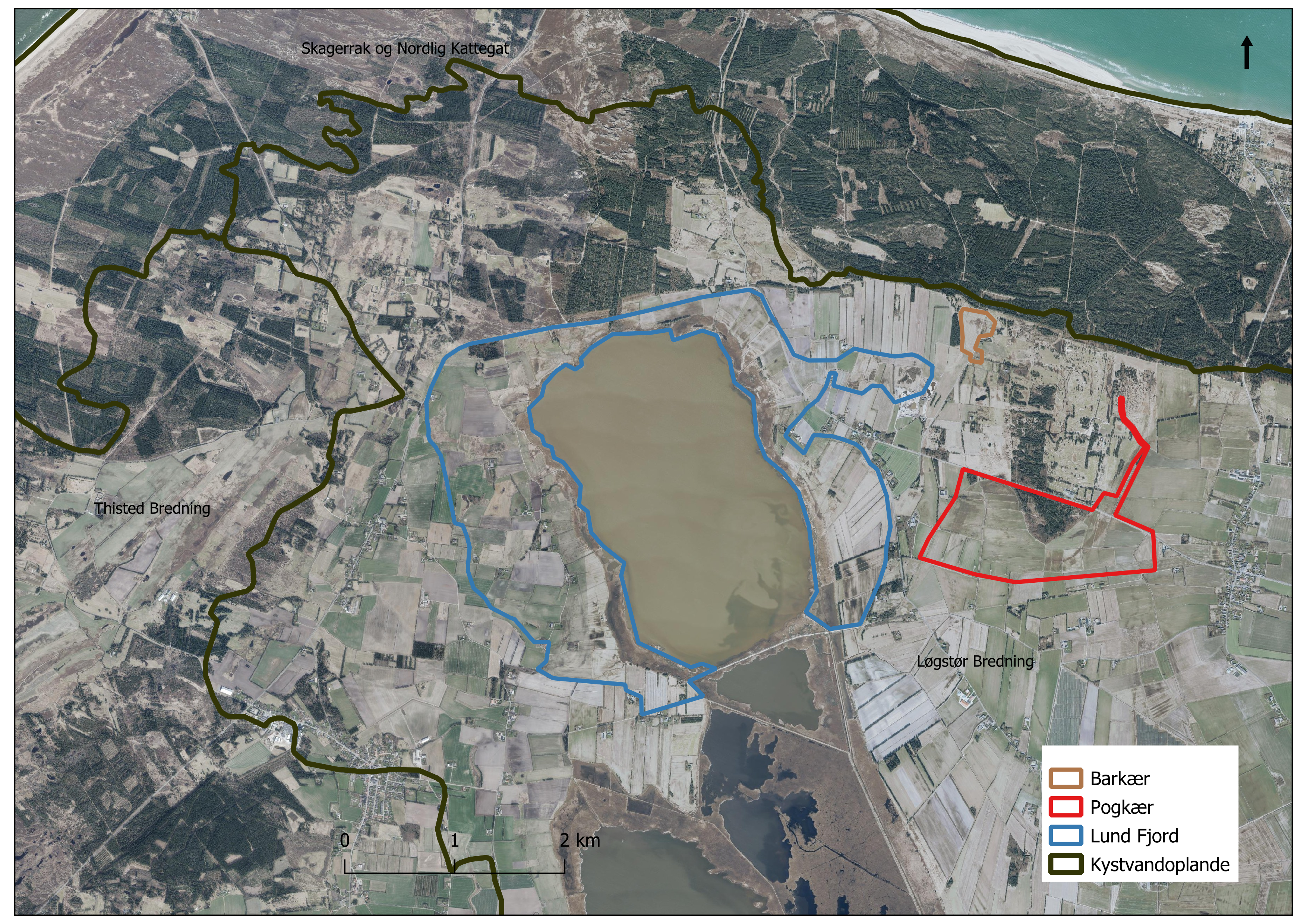 Det samlede projektområde (MØRKEBRUNT). Lund Fjord 631 ha (samarbejde mellem Thisted og Jammerbugt Kommune) (BLÅT) •    Pogkær 146 ha (RØDT) •    Barkær 9 ha (BRUNT)