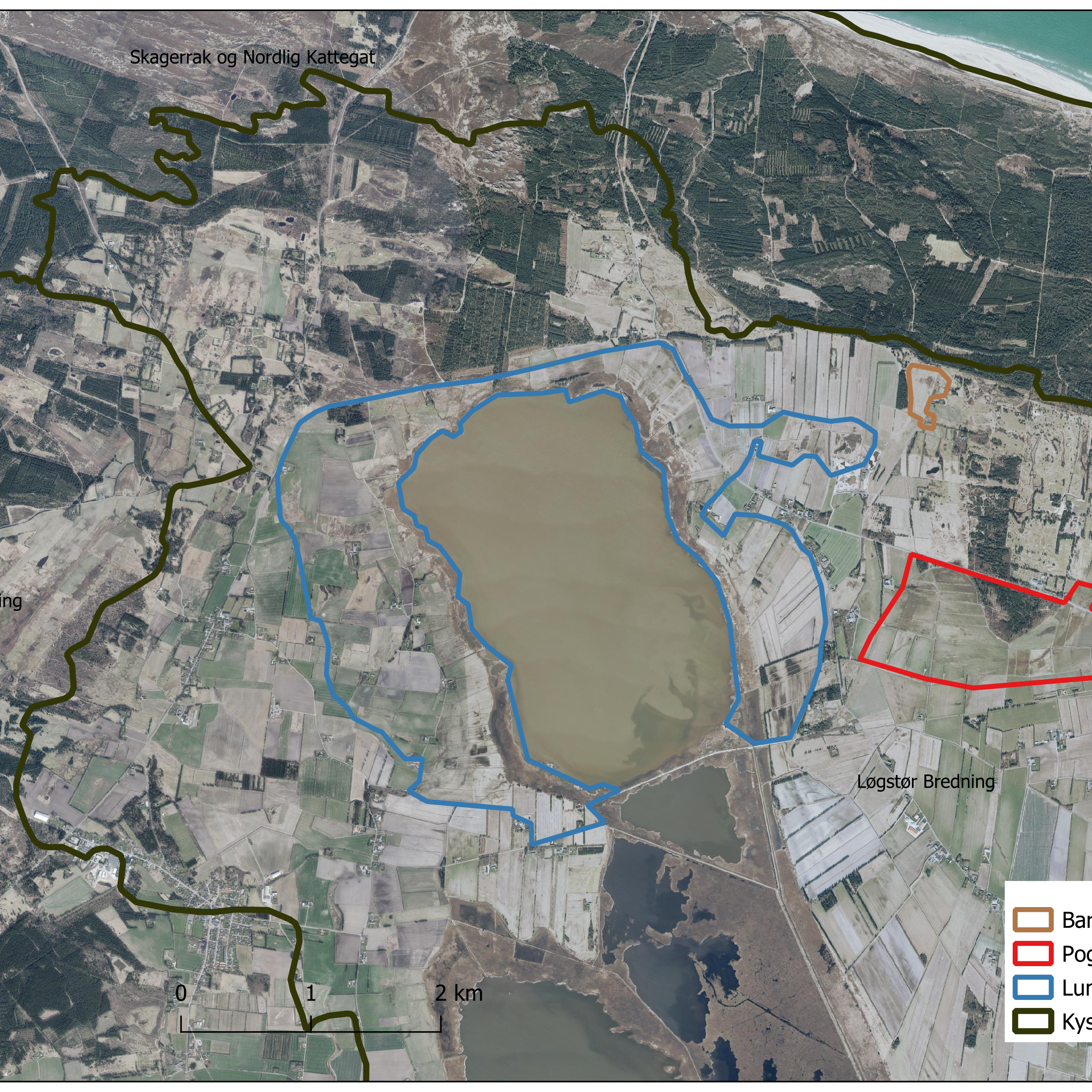 Det samlede projektområde (MØRKEBRUNT). Lund Fjord 631 ha (samarbejde mellem Thisted og Jammerbugt Kommune) (BLÅT) • Pogkær 146 ha (RØDT) • Barkær 9 ha (BRUNT)