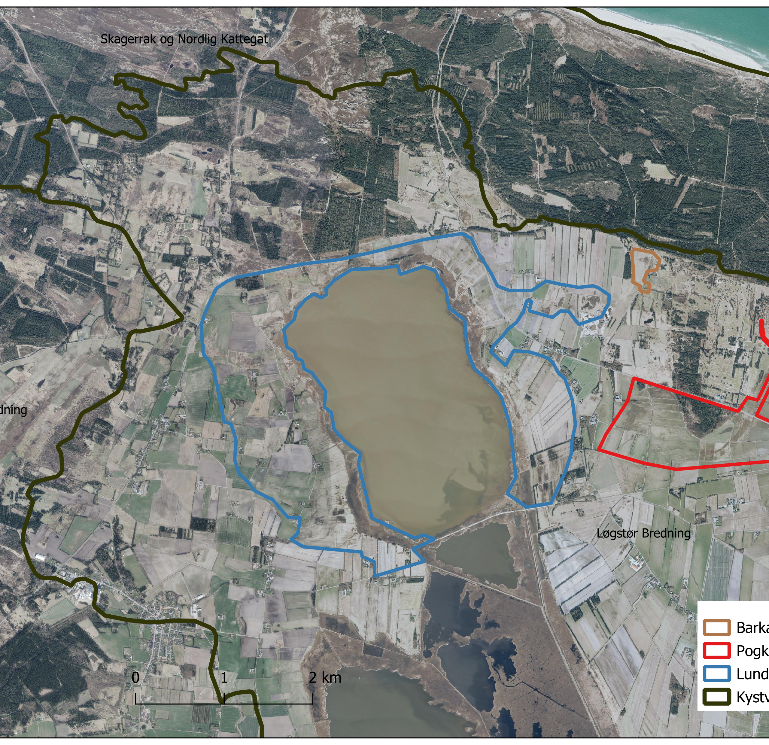 Det samlede projektområde (MØRKEBRUNT). Lund Fjord 631 ha (samarbejde mellem Thisted og Jammerbugt Kommune) (BLÅT) • Pogkær 146 ha (RØDT) • Barkær 9 ha (BRUNT)