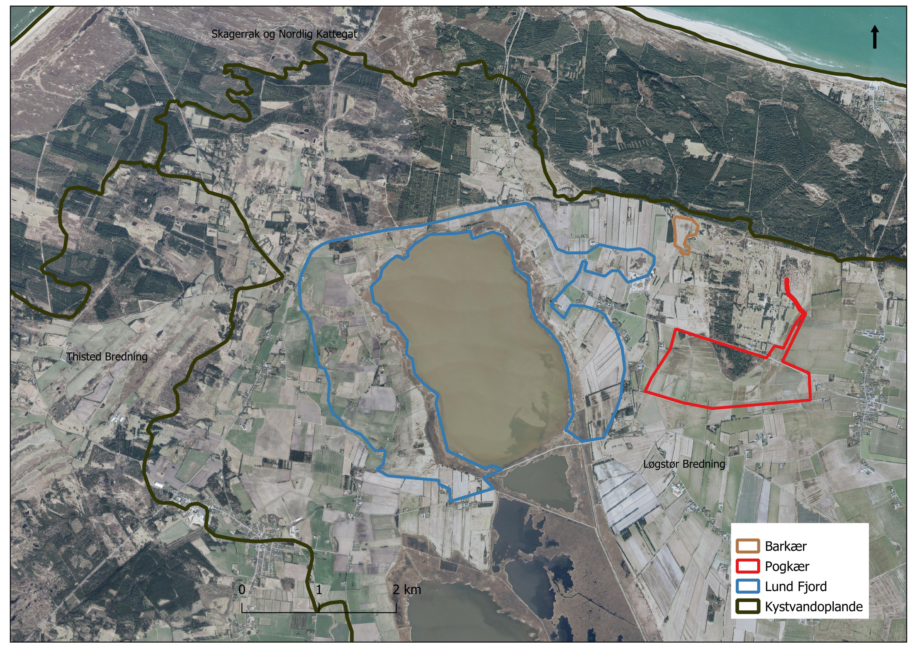 Det samlede projektområde (MØRKEBRUNT). Lund Fjord 631 ha (samarbejde mellem Thisted og Jammerbugt Kommune) (BLÅT) • Pogkær 146 ha (RØDT) • Barkær 9 ha (BRUNT)