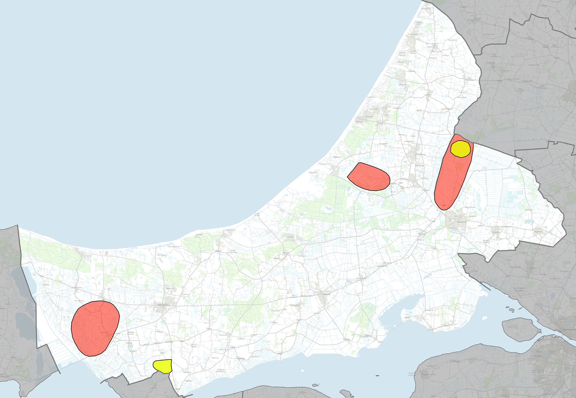 Interesseområder: solceller (rødt), biogas (gult)